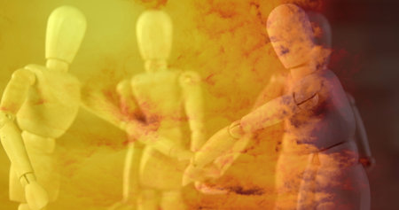 Wooden mannequins shaking hands in abstract orange and yellow cloud background. Partnership, teamwork, cooperation, unity, collaboration, artの写真素材