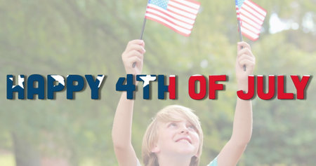 Child celebrating Independence Day holding American flags outdoors, smiling joyfully. Patriotism, celebration, happiness, freedom, Fourth of July, Americanaの写真素材