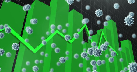 Green bar graph with virus icons illustrating economic impact during pandemic. Economy, downturn, statistics, financial, crisis, recessionの写真素材
