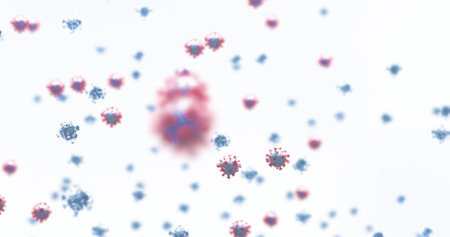 Floating virus particles illustrating global pandemic concept and health challenges. outbreak, infection, healthcare, medical, contagious, microscopicの写真素材