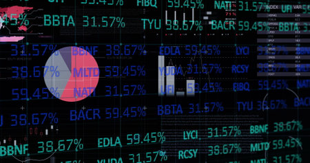 Digital stock market data displaying fluctuating percentages and financial graphs. Finance, analytics, trading, economic, investment, statisticsの写真素材