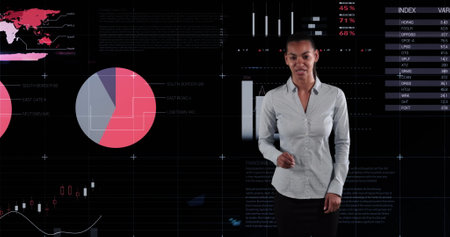 Presenting financial data, businesswoman using charts and graphs in modern office. Analytics, corporate, presentation, workplace, analysis, strategyの写真素材