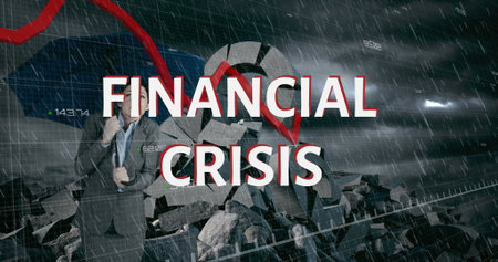 Businessman holding umbrella in stormy weather with financial crisis text overlay. Finance, economy,...