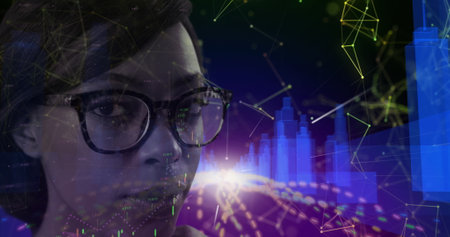 Analyzing digital data with futuristic interface, African American woman wearing glasses. Technology, analytics, innovation, data visualization, professional, businessの写真素材