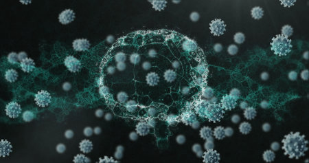 Floating coronavirus particles digitally represented against dark background. pandemic, bacteria, contagion, infectious, science, microscopicの写真素材