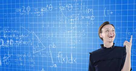 Explaining complex mathematical equations, woman using virtual board in school setting. Education, mathematics, teaching, technology, innovation, classroomの写真素材
