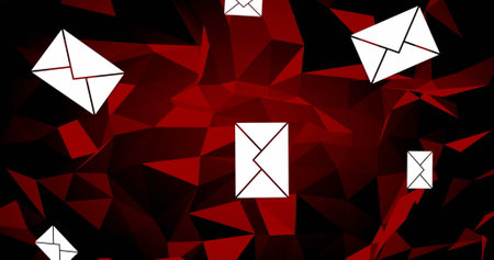 Email communication symbolized by digital envelopes floating on red geometric background....