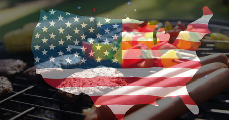 Grilling assorted meats and vegetables outdoors with USA flag overlay. Barbecue, outdoor cooking, summer, independence day, American flag, celebrationの写真素材