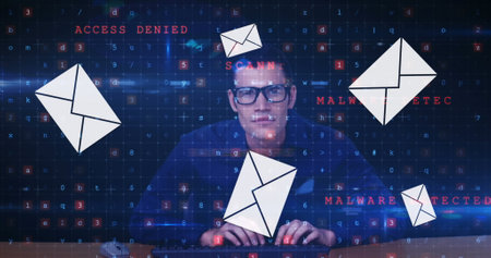 Cybersecurity expert analyzing digital threats on computer with floating email icons. Technology, firewall, antivirus, data protection, encryption, internetの写真素材