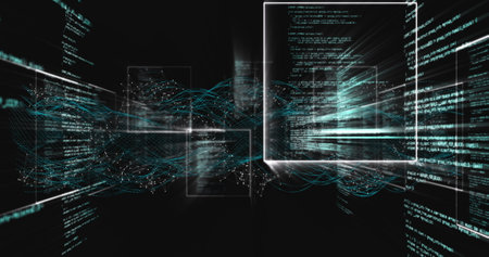 Digital equations and data streams flowing through futuristic virtual interface. Technology,...
