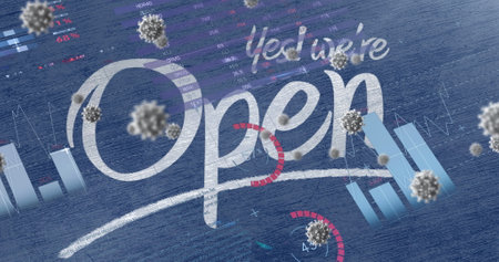 Business reopening with digital charts and virus graphics overlaying Yes, we&#39;re Open. analytics, economy, recovery, technology, pandemic, innovationの写真素材