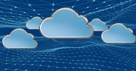Digital cloud icons floating over network grid, representing online data storage. Technology,...