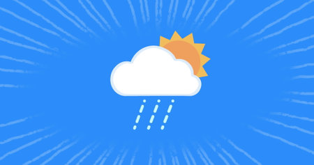 Image of spinning sun with cloud over white stripes on blue background. repetition abstract and colour concept digitally generated image.の写真素材