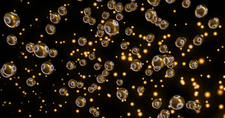 Image of golden lottery balls with numbers in them falling over multiple golden glowing lights....