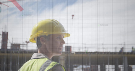 Image of a red graph forming on a grid over Caucasian female worker holding papers. Finance and technology concept digital compositeの写真素材