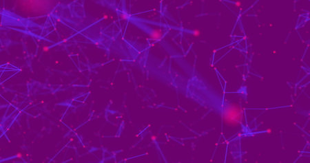 Abstract digital network with glowing lines and nodes on purple background. Technology,...