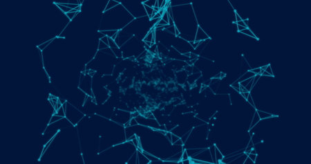 Abstract digital network connections forming complex web on dark background. Technology, data, cyber, futuristicの写真素材