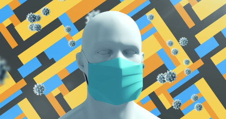 Person wearing mask surrounded by virus particles, emphasizing health and safety. Pandemic, healthcare, protection, disease, prevention, hygieneの写真素材