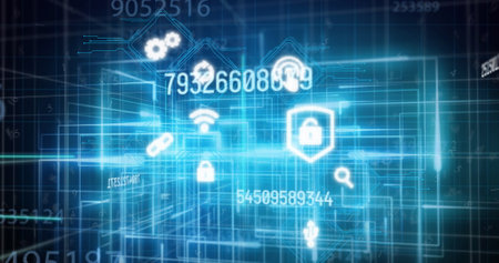 Image of numbers changing data processing over digital icons and glowing lines. global technology connection digital interface concept digitally generated image.の写真素材