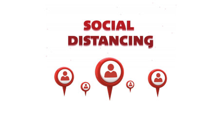 Social distancing concept with red icons emphasizing personal space awareness. Safety, protection, precaution, health, preventionの写真素材