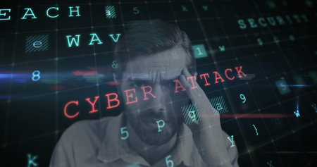 Image of digital interface with cyber attack warning text and portrait of worried man. global computer network technology concept digitally generated image.の写真素材