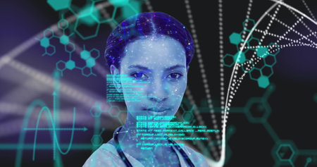 Image of digital interface with DNA strand and medical icons and data processing over female doctor. Global computer network technology concept digitally generated image.の写真素材