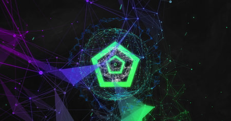 Green concentric hexagons on 3d structure in sphere with purplel shapes floating on black background. vintage colour and movement concept digitally generated image.の写真素材