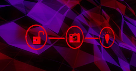 Image of three glowing red digital icons over network of connections. global technology connection digital interface concept digitally generated image.の写真素材