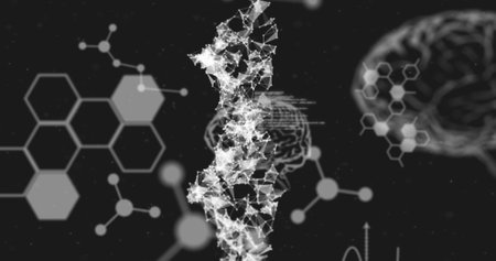 Image of dna strand, human brain, medical data processing and chemical compound structures on green background. global science technology concept digitally generated image.の写真素材