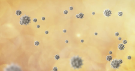 Image of covid 19 cells floating on yellow clouds of smoke in background. global coronavirus pandemic and health concept digitally generated image.の写真素材