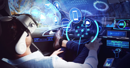 Image of screen over businessman wearing vr headset in self driving car. global network of connections and technology concept, digitally generated image.の写真素材