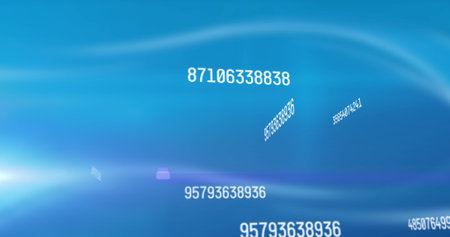 Image of numbers changing and data processing over glowing blue background. digital interface global...