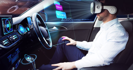 Image of speech bubbles over businessman wearing vr headset in self driving car. global network of...