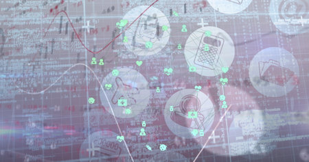 Image of a moving graph and floating technological icons with data and information. digital...