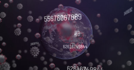 Digital image of multiple changing numbers and covid-19 cells floating against globe. coronavirus covid-19 pandemic conceptの写真素材