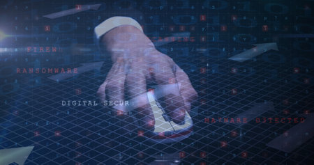 Image of cyber attack warning text over man using mouse. digital interface global connection concept digitally generated image.の写真素材