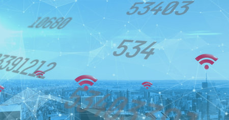 Image of numbers and net icons floating over a cityscape. digital interface global connections...