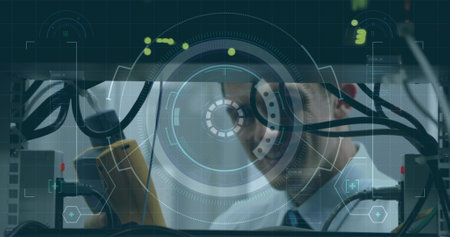 Image of scope scanning and data processing over man checking computer server. global connection...