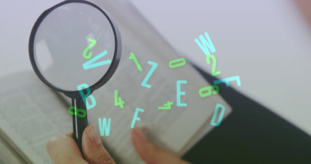 Digital composition of multiple changing numbers and alphabets against magnifying glass on open book. school and education conceptの写真素材