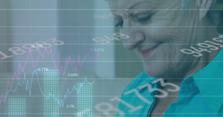 Image of numbers changing and statistics recording over senior woman shopping online. global...