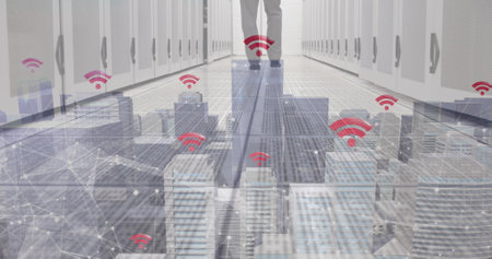 Image of skyscrapers with wifi symbols and caucasian man working in a server room. digital interface...