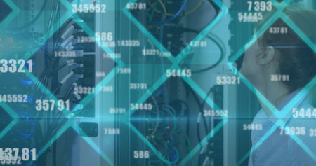 Image of floating changing numbers over caucasian woman working in server room. digital interface...