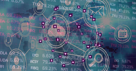 Digital composition of network of connections icons moving against stock market data processing....