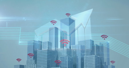 Digital image of arrow icons and light trails against wi-fi icons over cityscape. global networking...