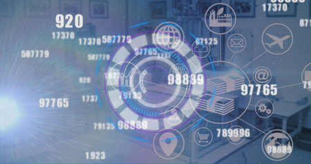 Image of digital interface with moving numbers a circular scope and a network of connected icons. communication technology digital interface concept, digitally generated image.の写真素材