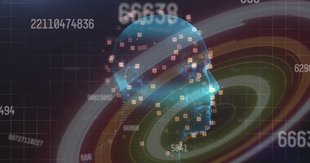 Image of scope scanning, numbers changing over human head spinning on grid in background. Digital interface global connection and communication concept digitally generated image.の写真素材