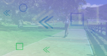 Image of floating shapes over woman driving a scooter in a park. Digital interface global sport and...
