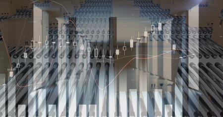 Image of statistics recording over cardboard boxes on conveyor belts. Global shipping and delivery...