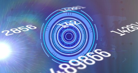 Image of digital interface showing circular scope and rising numbers with lens flare. communication technology digital interface concept, digitally generated image.の写真素材