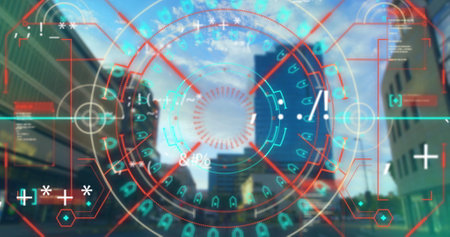 Image of scope scanning and data processing with cityscape in the background. Digital interface global connection and communication concept digitally generated image.の写真素材